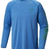 Columbia PFG Terminal Tackle Heather Long Sleeve Mens Shirt Vivid Blue Green Logo