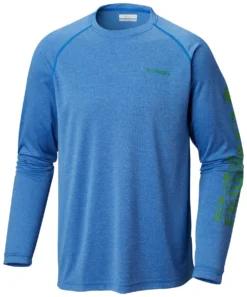 Columbia PFG Terminal Tackle Heather Long Sleeve Mens Shirt Vivid Blue Green Logo